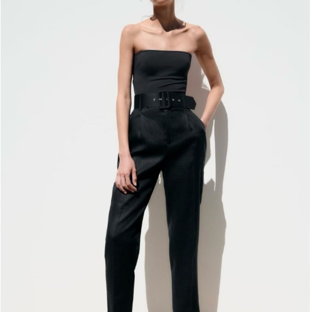 Black Linen Belted Trousers
